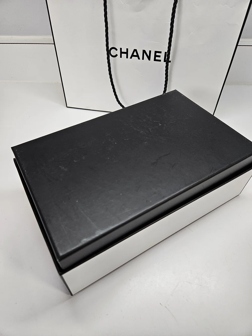 Authentic CHANEL White Logo Two Piece Gift Box with Tissue Bag 8.75